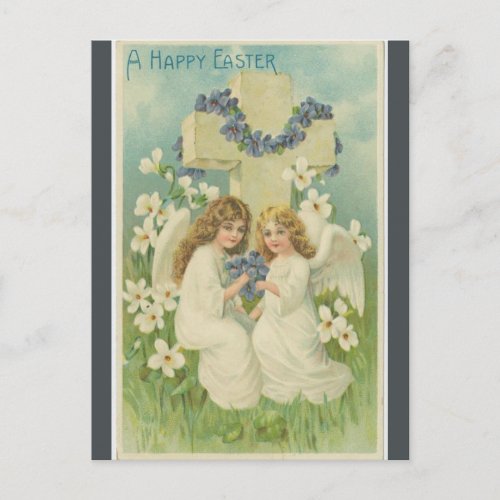 Vintage Two Angels and a Cross Happy Easter Postcard