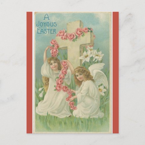 Vintage Two Angels Pink Flowers and Cross Easter Postcard