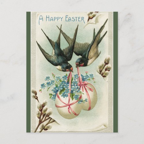 Vintage Two Birds Carrying Easter Eggs Postcard