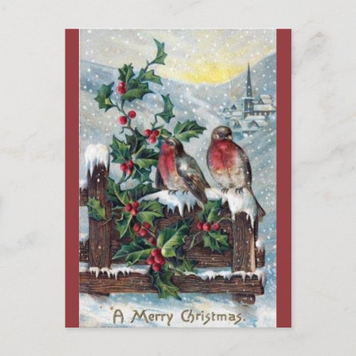 Vintage Two Birds on a Fence Near Church Christmas Postcard