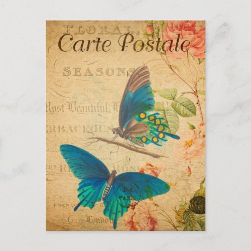 Vintage Two Blue butterflies Floral Flowers French Postcard