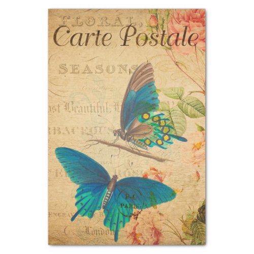 Vintage Two Blue butterflies Floral Flowers French Tissue Paper