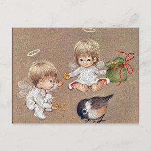 Vintage Two Christmas Angels Feeding Birds Holiday Postcard