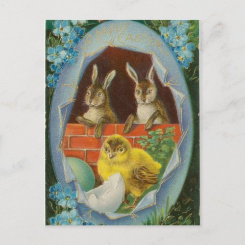 Vintage Two Easter Bunnies and a Chick Hatching Postcard