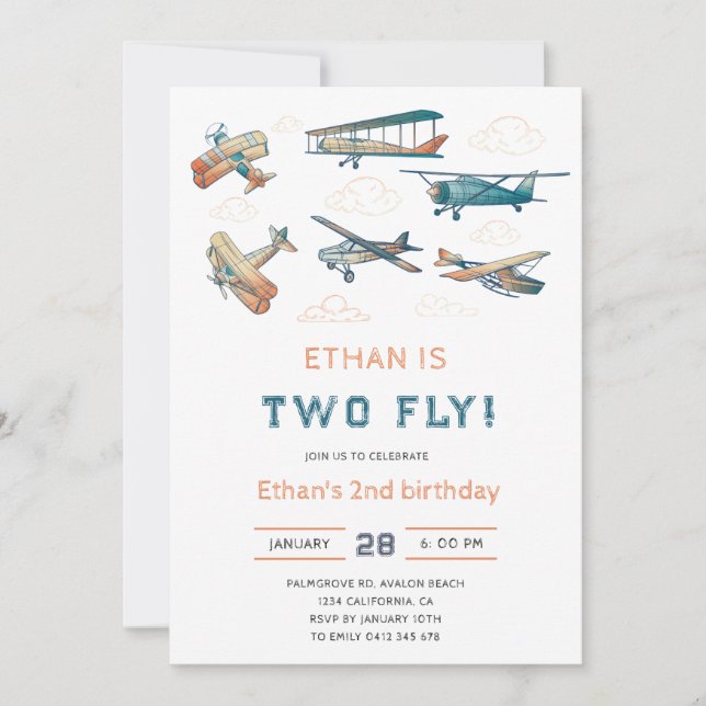 Vintage Two Fly Airplane Birthday - 2nd Birthday  Invitation (Front)