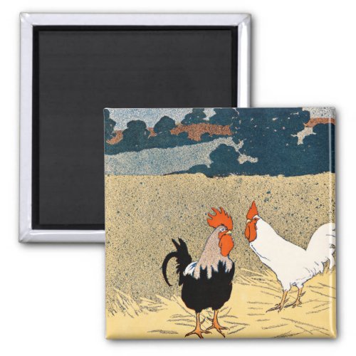 Vintage Two roosters in a field by Edward Penfield Magnet