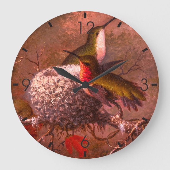 Vintage Two Ruby Throat Hummingbirds & Nest Large Clock (Front)