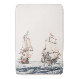 Vintage Two Sailing Ships At Sea Johan Teyler Bath Mat