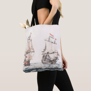 Vintage Two Sailing Ships At Sea Johan Teyler Tote Bag
