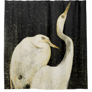 Vintage Two white egrets Illustration Shower Curtain