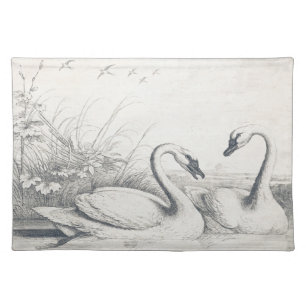 Vintage Two Wild Swans & Swallows Bird Cloth Placemat