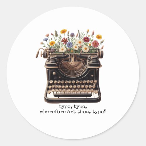 Vintage Typewriter and Wildflowers Round Sticker