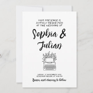 Vintage Typewriter Floral Modern Handwritten Weddi Invitation