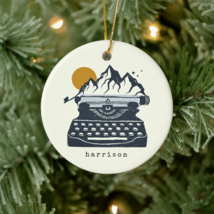 Vintage Typewriter Mountain Landscape Name Ceramic Ornament