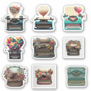VINTAGE  TYPEWRITER WITH FLOWERS FOR SCRAPBOOKING  STICKER