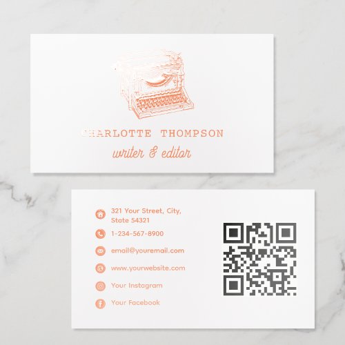 Vintage Typewriter Writer Editor Rose Gold Foil Business Cards