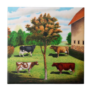 Vintage Typical Cow Breeds On The Farm Ceramic Tile