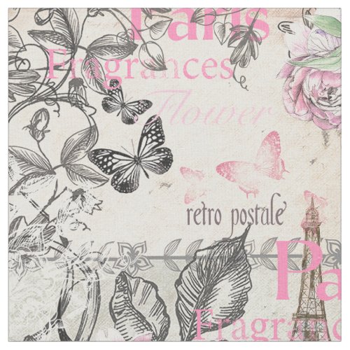 Vintage typo black pink floral Paris Eiffel Tower Fabric