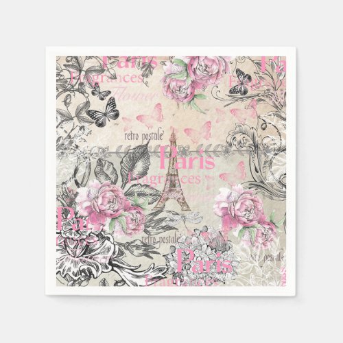 Vintage typo black pink floral Paris Eiffel Tower Paper Napkins