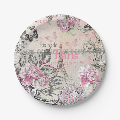Vintage typo black pink floral Paris Eiffel Tower Paper Plates