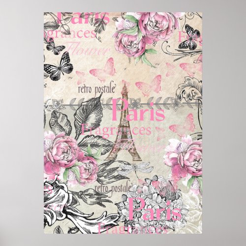 Vintage typo black pink floral Paris Eiffel Tower Poster