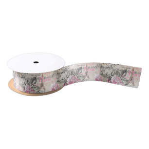 Vintage typo black pink floral Paris Eiffel Tower Satin Ribbon