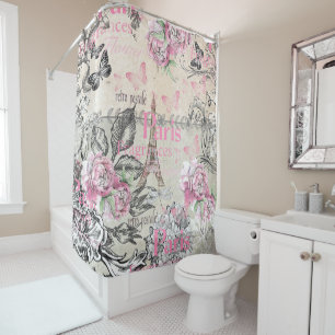 Vintage typo black pink floral Paris Eiffel Tower Shower Curtain