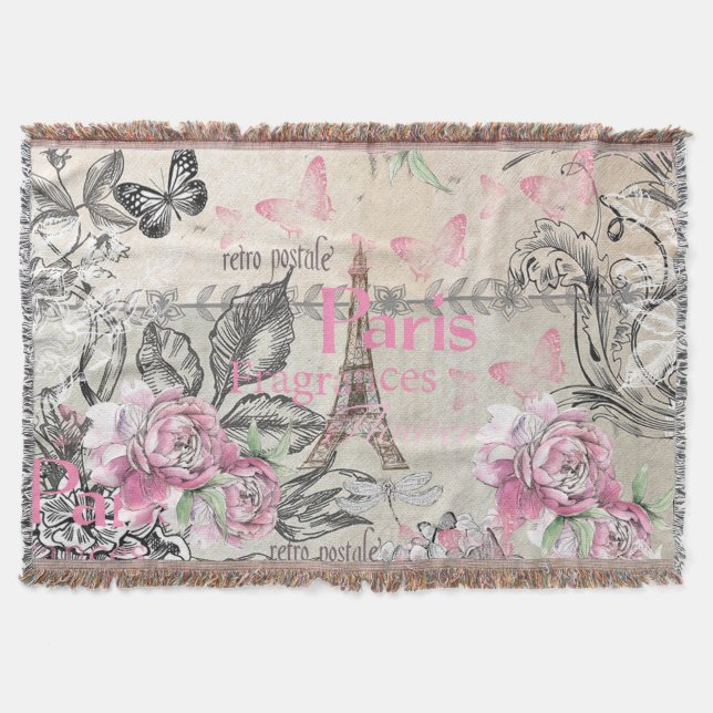 Vintage typo black pink floral Paris Eiffel Tower Throw Blanket (Front)