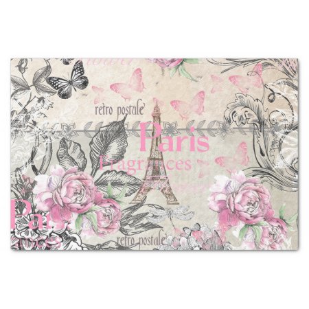Vintage Typo Black Pink Floral Paris Eiffel Tower Tissue Paper