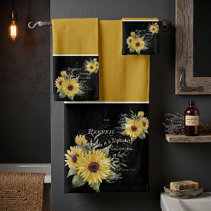 Vintage typography and sunflowers on black bath t towel set