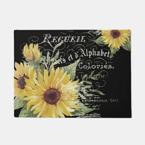 Vintage typography and sunflowers on black  doormat