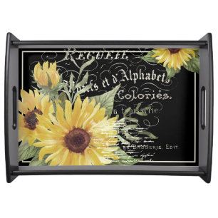 Vintage typography and sunflowers on black servin serving tray