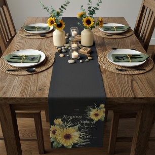 Vintage typography and sunflowers on black short table runner