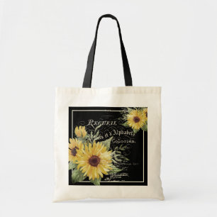 Vintage typography and sunflowers on black tote bag