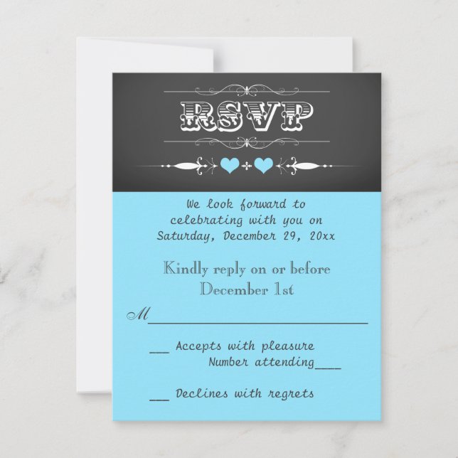 Vintage Typography Chalkboard Wedding RSVP Blue Card (Front)