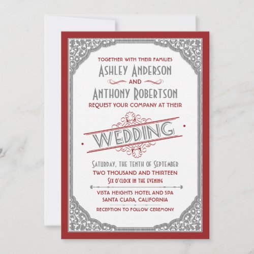 Vintage Typography Cranberry Red Grey Gray Wedding Personalized Invite