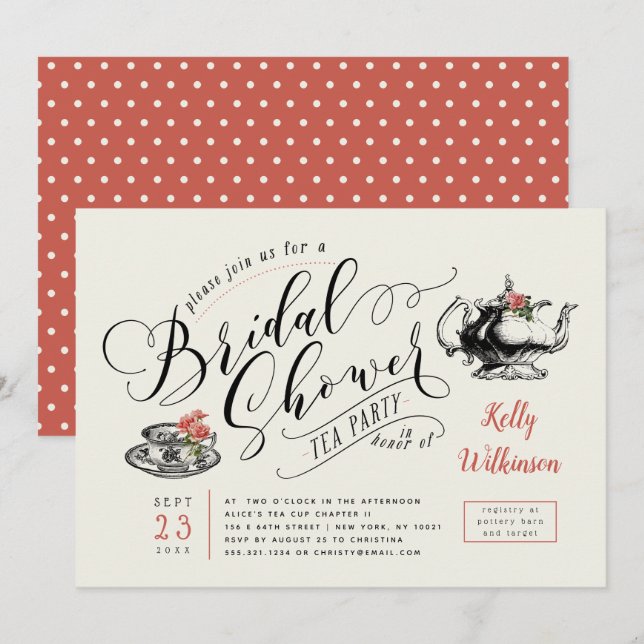Vintage Typography | Cream Bridal Shower Tea Party Invitation (Front/Back)