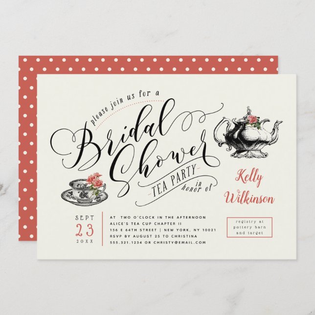 Vintage Typography | Cream Bridal Shower Tea Party Invitation (Front/Back)