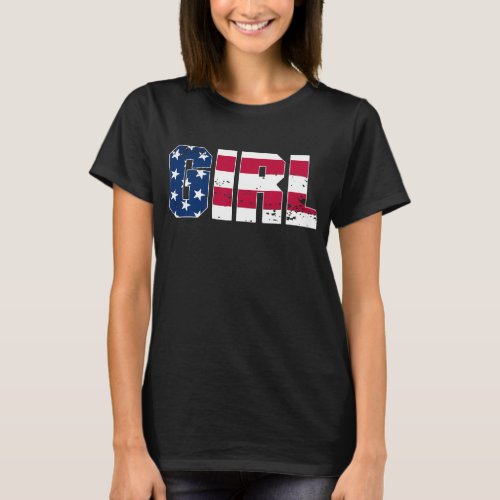 Vintage Typography Girl American Flag 4th of July  T_Shirt