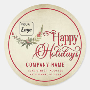 Vintage typography Happy Holidays red holly logo Classic Round Sticker