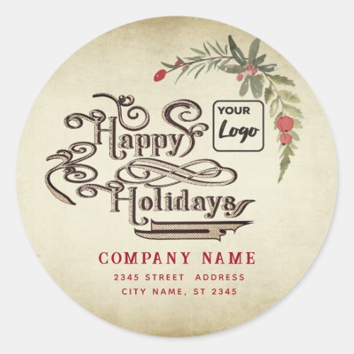 Vintage typography Happy Holidays red holly logo  Classic Round Sticker