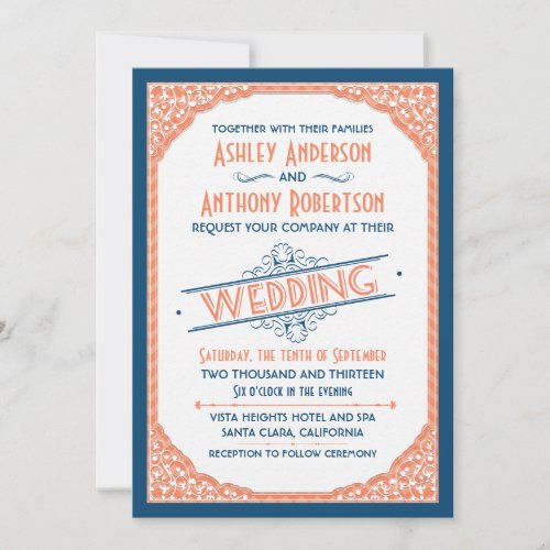 Vintage Typography Navy Blue Coral White Wedding Invitation