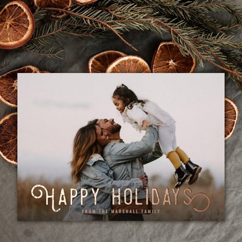 Vintage Typography Oranges Happy Holidays Photo  Foil Holiday Card