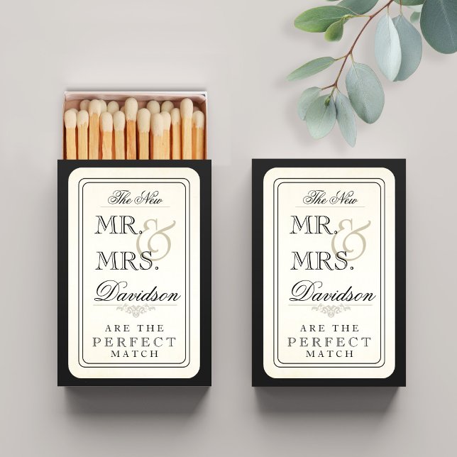 Vintage Typography Perfect Match Wedding Matchbox (Vintage Typography Perfect Match Wedding Matchbox Shown with Black Box)