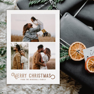 Vintage Typography Winter Oranges Photo Christmas  Foil Holiday Card
