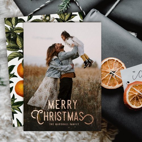 Vintage Typography Winter Oranges Photo Christmas  Foil Holiday Card
