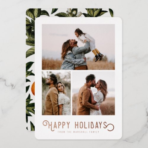 Vintage Typography Winter Oranges Photo  Foil Holiday Card