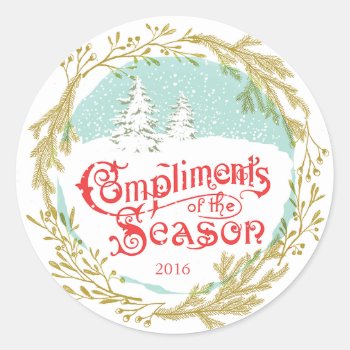 Vintage Typography Wreath Holiday Classic Round Sticker by pixiestick at Zazzle