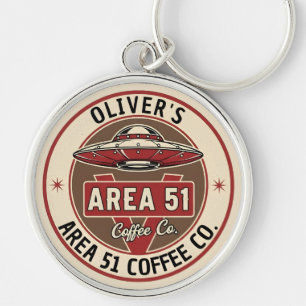 Vintage UFO Area 51 Coffee Diner Badge Keychain