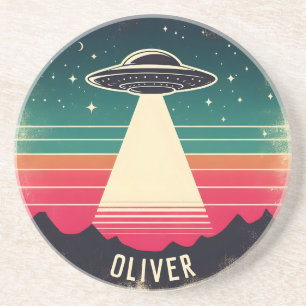 Vintage UFO at Sunset Personalized Coaster